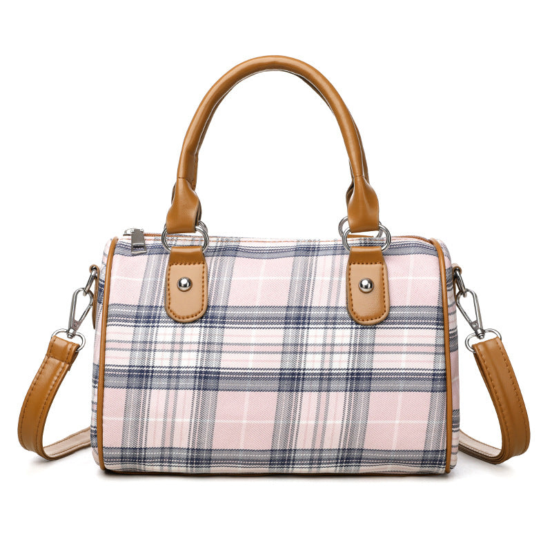 Plaid Academy Style Round Barrel Shoulder Bag